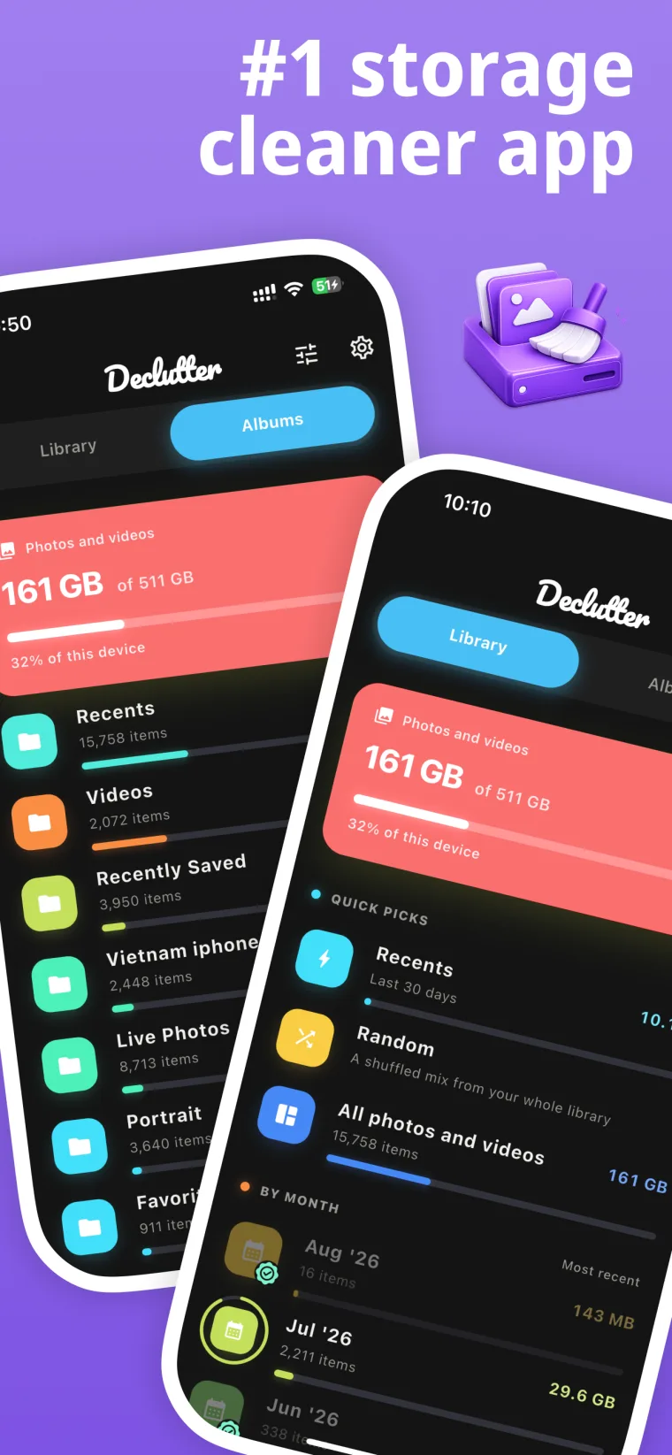 The Declutter library: 161 GB of photos and videos, listed by album and by month