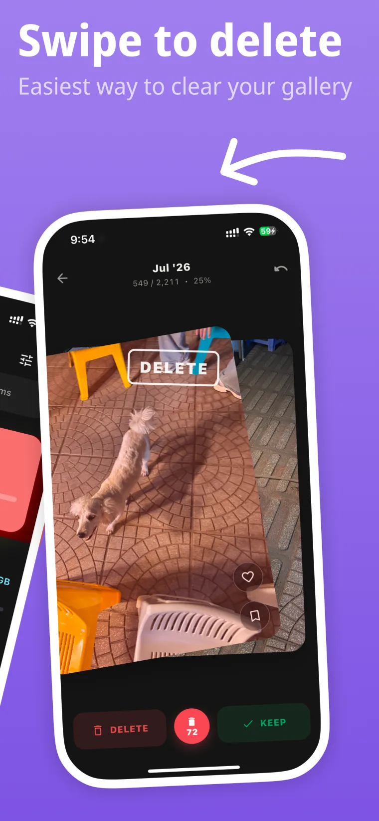 Swipe to delete: a photo being swiped left, marked DELETE