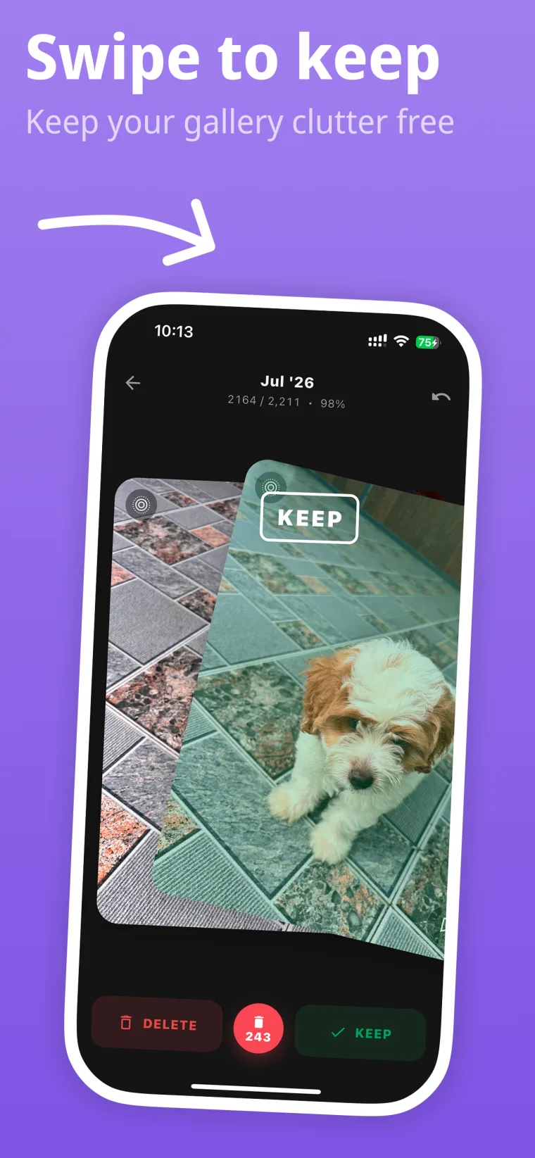 Swipe to keep: a photo being swiped right, marked KEEP