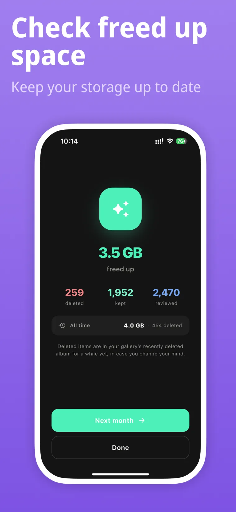 Check freed up space: 3.5 GB freed, with counts of deleted, kept and reviewed